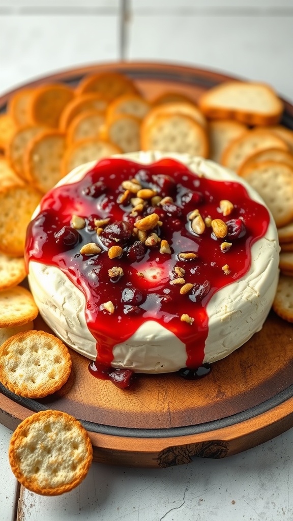 Baked Brie with raspberry jam and nuts served with crackers and baguette on a wooden platter.